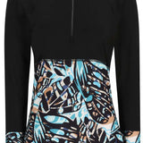 Obermeyer Women's Discover Quarter Zip Top 2024 - A black quarter-zip top with a high collar and zip running down the front, featuring a subtle pattern of light blue and brown shapes on the chest.