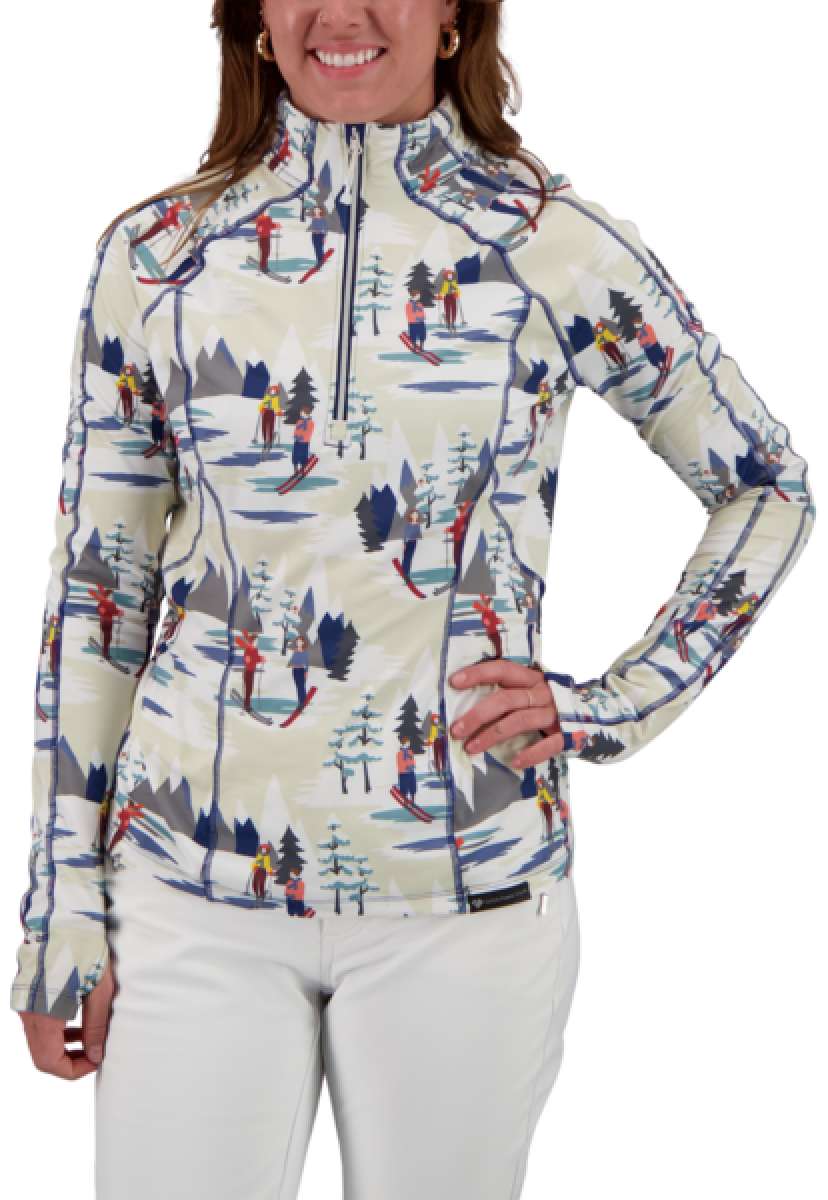Obermeyer Women's Discover Quarter Zip Top 2024 - A cream-colored zip-up top with a repeating pattern of skiers and trees in red, yellow, blue, gray, and white.