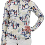 Obermeyer Women's Discover Quarter Zip Top 2024 - A cream-colored zip-up top with a repeating pattern of skiers and trees in red, yellow, blue, gray, and white.