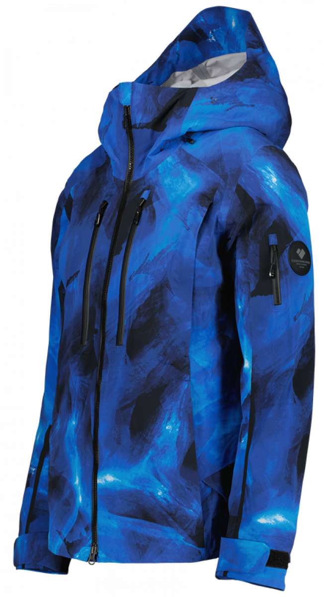 Obermeyer Women's Highlands Shell Jacket 2022-2023 - A blue and black snowboard jacket with a hood, featuring a pattern of dark abstract shapes on a lighter background.