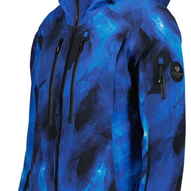 Obermeyer Women's Highlands Shell Jacket 2022-2023 - A blue and black snowboard jacket with a hood, featuring a pattern of dark abstract shapes on a lighter background.