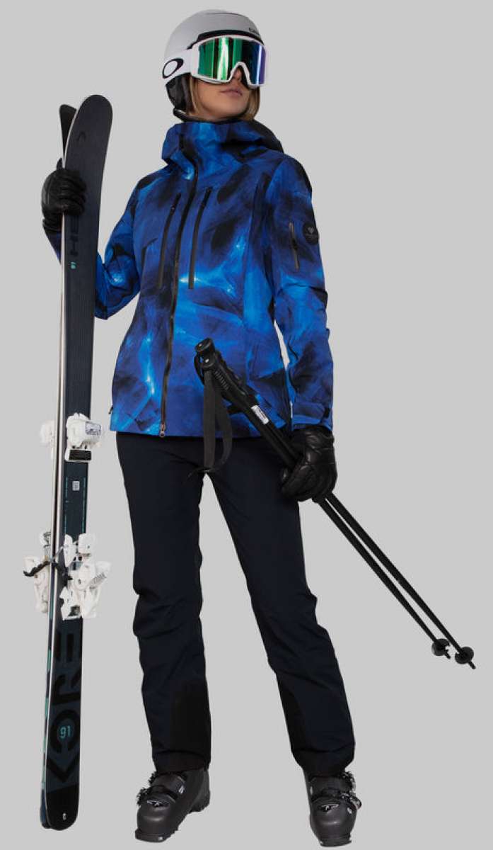 Obermeyer Women's Highlands Shell Jacket 2022-2023 - A blue and black snow jacket with a hood, zippered pockets, and adjustable cuffs.