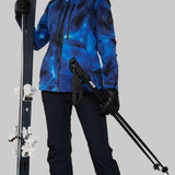 Obermeyer Women's Highlands Shell Jacket 2022-2023 - A blue and black snow jacket with a hood, zippered pockets, and adjustable cuffs.