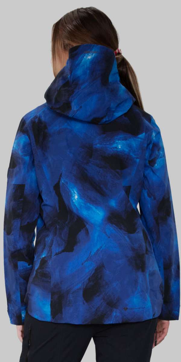 Obermeyer Women's Highlands Shell Jacket 2022-2023 - A blue and black jacket with a hood, featuring a subtle pattern of darker blue swirls on the back.