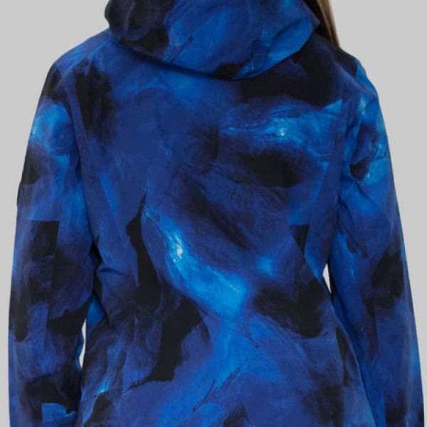 Obermeyer Women's Highlands Shell Jacket 2022-2023 - A blue and black jacket with a hood, featuring a subtle pattern of darker blue swirls on the back.