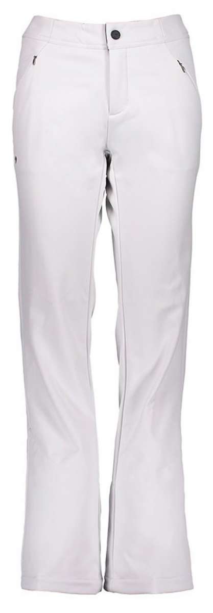 Obermeyer Women's Hillary Stretch Pant 2024 - A pair of white pants with a black button on the waistband, featuring two zippered pockets and a subtle patterned texture.