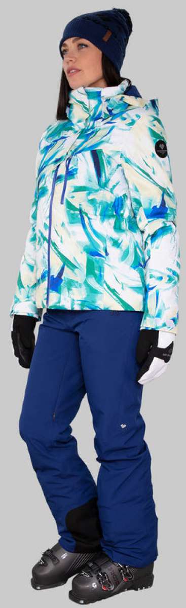 Obermeyer Women's Jette Insulated Jacket 2022-2023 - A white jacket with a blue and green abstract pattern, featuring a high collar and zippered pockets.