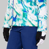Obermeyer Women's Jette Insulated Jacket 2022-2023 - A white jacket with a blue and green abstract pattern, featuring a high collar and zippered pockets.