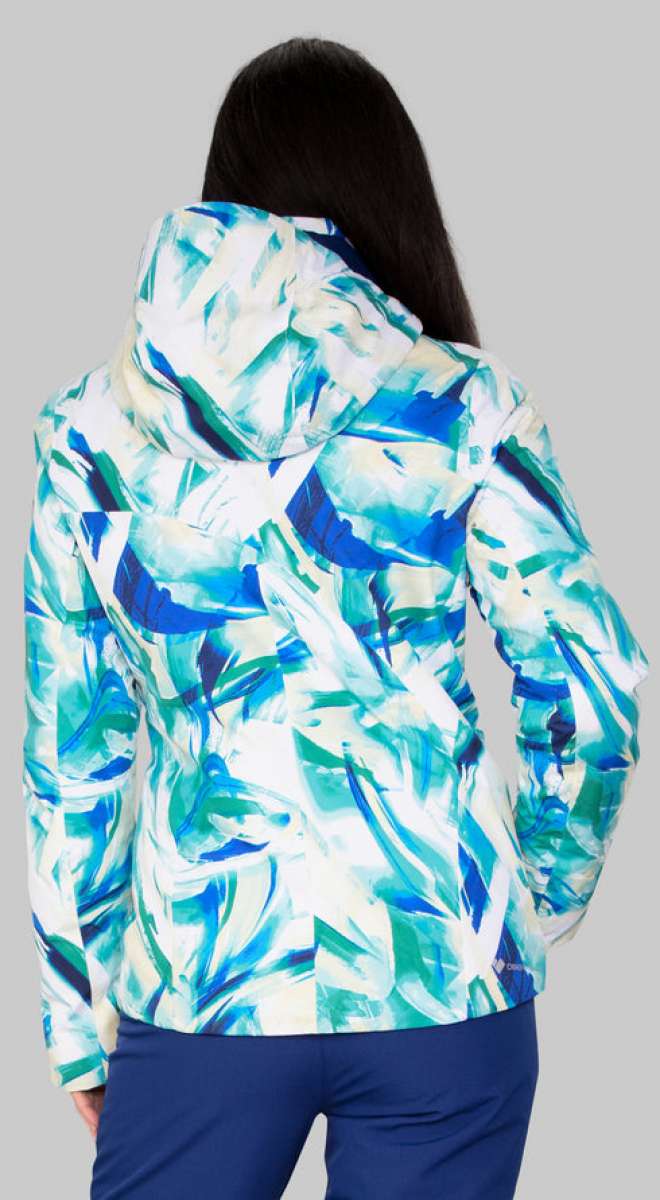 Obermeyer Women's Jette Insulated Jacket 2022-2023 - A white jacket with a blue and green abstract pattern, featuring a hood and long sleeves.