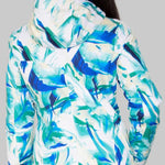 Obermeyer Women's Jette Insulated Jacket 2022-2023 - A white jacket with a blue and green abstract pattern, featuring a hood and long sleeves.