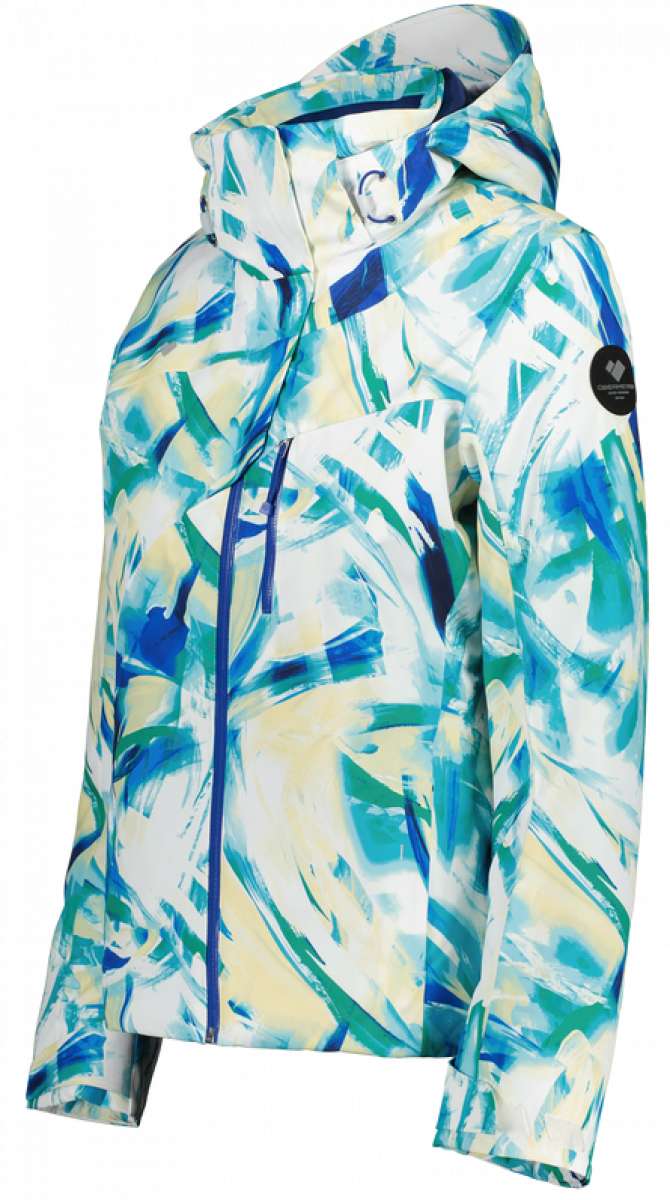 Obermeyer Women's Jette Insulated Jacket 2022-2023 - A white jacket with blue and green abstract brush stroke pattern, featuring a hood and zipper closure.