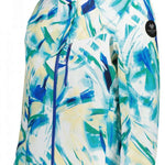 Obermeyer Women's Jette Insulated Jacket 2022-2023 - A white jacket with blue and green abstract brush stroke pattern, featuring a hood and zipper closure.