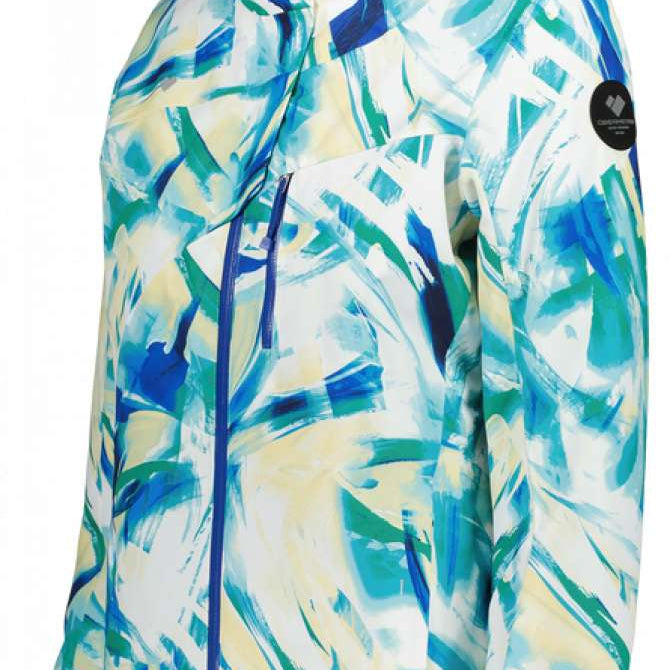Obermeyer Women's Jette Insulated Jacket 2022-2023 - A white jacket with blue and green abstract brush stroke pattern, featuring a hood and zipper closure.
