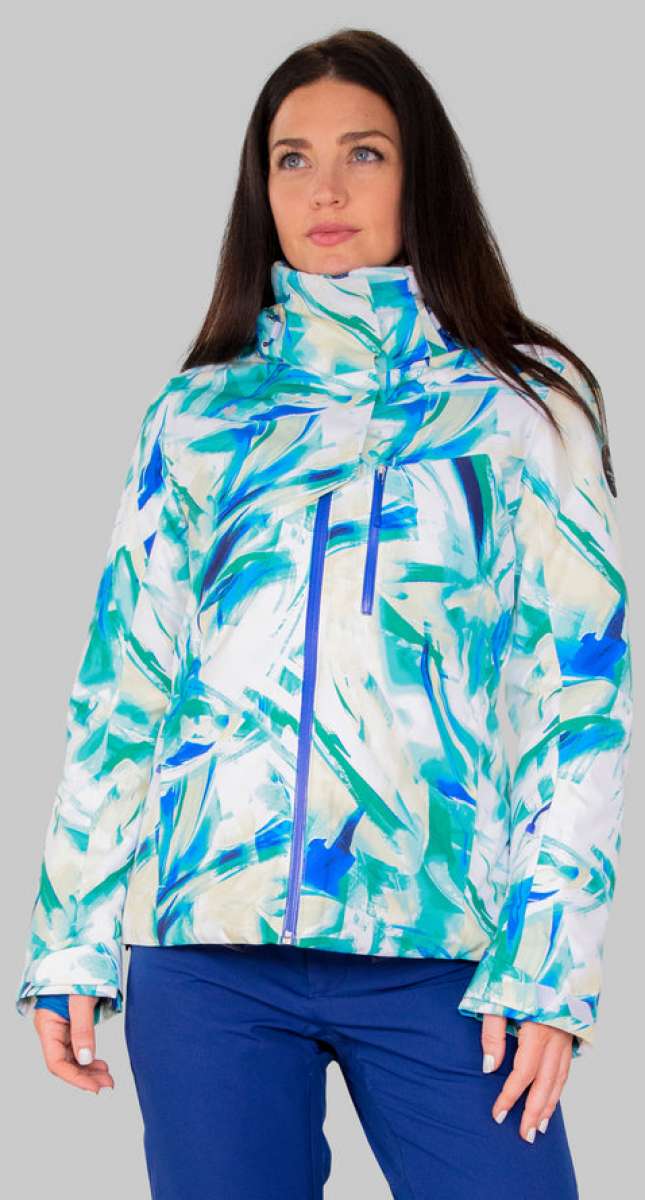 Obermeyer Women's Jette Insulated Jacket 2022-2023 - A white jacket with a blue and green abstract pattern, featuring a high collar and zippered pockets.