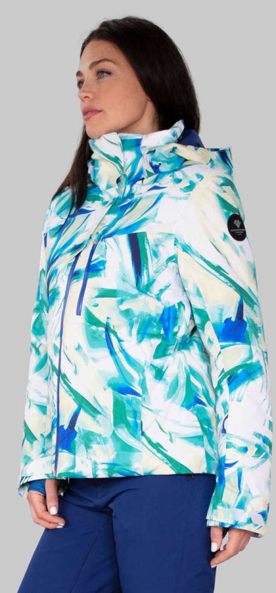 Obermeyer Women's Jette Insulated Jacket 2022-2023 - A white jacket with a blue and green abstract pattern, featuring a hood and zippered pockets.