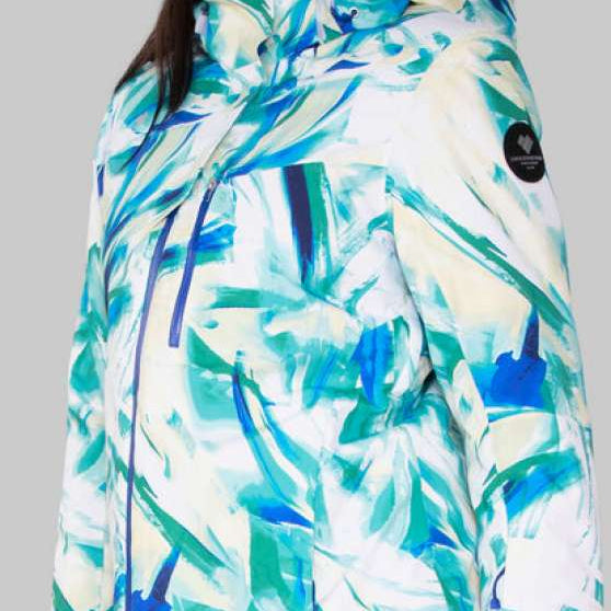 Obermeyer Women's Jette Insulated Jacket 2022-2023 - A white jacket with a blue and green abstract pattern, featuring a hood and zippered pockets.