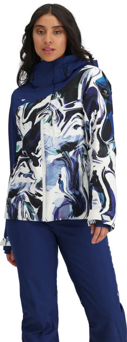 Obermeyer Women's Jette Insulated Jacket 2024 - A navy blue jacket with a white and black abstract design on the front, featuring a hood and zippered pockets.