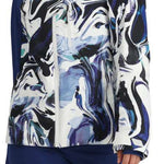 Obermeyer Women's Jette Insulated Jacket 2024 - A navy blue jacket with a white and black abstract design on the front, featuring a hood and zippered pockets.