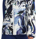 Obermeyer Women's Jette Insulated Jacket 2024 - A navy blue jacket with a white and black abstract design on the front, featuring a hood and zippered pockets.