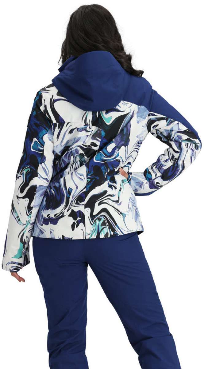 Obermeyer Women's Jette Insulated Jacket 2024 - A white jacket with a blue and black abstract pattern, featuring a hood and long sleeves.