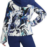 Obermeyer Women's Jette Insulated Jacket 2024 - A white jacket with a blue and black abstract pattern, featuring a hood and long sleeves.