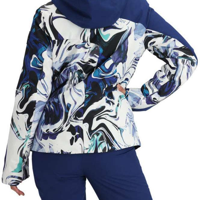 Obermeyer Women's Jette Insulated Jacket 2024 - A white jacket with a blue and black abstract pattern, featuring a hood and long sleeves.