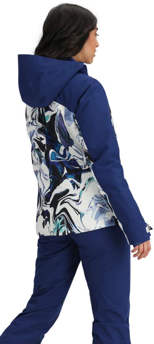 Obermeyer Women's Jette Insulated Jacket 2024 - A white jacket with a blue and black abstract design on the back, worn by a model facing away from the camera.