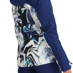 Obermeyer Women's Jette Insulated Jacket 2024 - A white jacket with a blue and black abstract design on the back, worn by a model facing away from the camera.