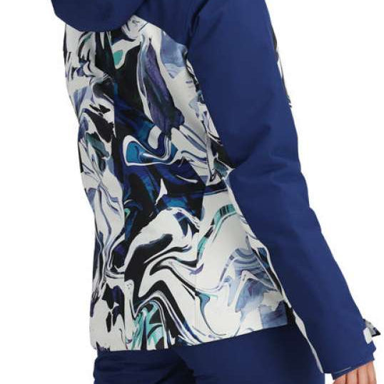 Obermeyer Women's Jette Insulated Jacket 2024 - A white jacket with a blue and black abstract design on the back, worn by a model facing away from the camera.