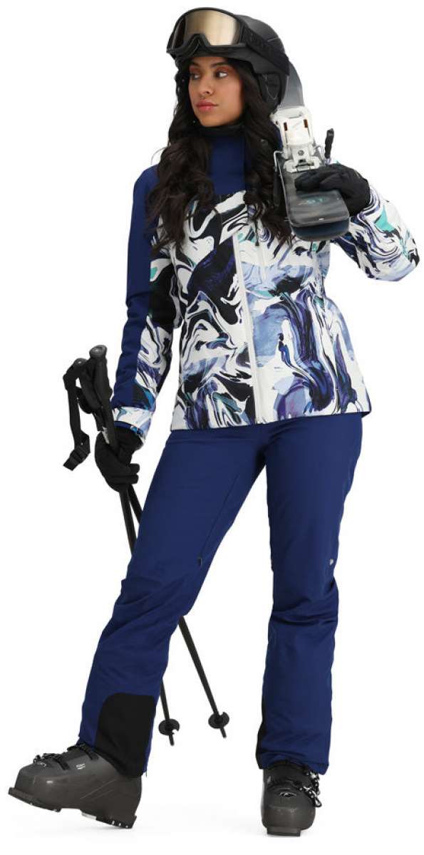 Obermeyer Women's Jette Insulated Jacket 2024 - A white, blue, and black abstract patterned jacket with a high collar.