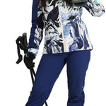 Obermeyer Women's Jette Insulated Jacket 2024 - A white, blue, and black abstract patterned jacket with a high collar.