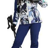 Obermeyer Women's Jette Insulated Jacket 2024 - A white, blue, and black abstract patterned jacket with a high collar.