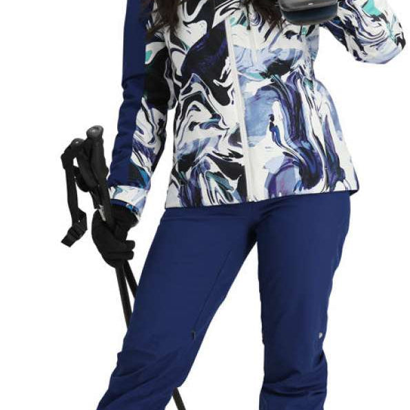 Obermeyer Women's Jette Insulated Jacket 2024 - A white, blue, and black abstract patterned jacket with a high collar.