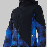Obermeyer Women's Kayla Insulated Jacket 2022-2023 - A black jacket with a blue and grey abstract pattern on the sleeves.