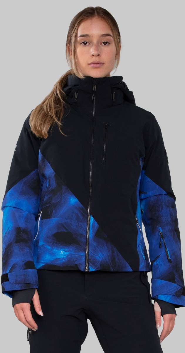 Obermeyer Women's Kayla Insulated Jacket 2022-2023 - A black jacket with a blue and grey abstract pattern on the front, featuring a high collar and zippered pockets.