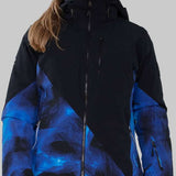 Obermeyer Women's Kayla Insulated Jacket 2022-2023 - A black jacket with a blue and grey abstract pattern on the front, featuring a high collar and zippered pockets.