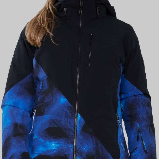 Obermeyer Women's Kayla Insulated Jacket 2022-2023 - A black jacket with a blue and grey abstract pattern on the front, featuring a high collar and zippered pockets.