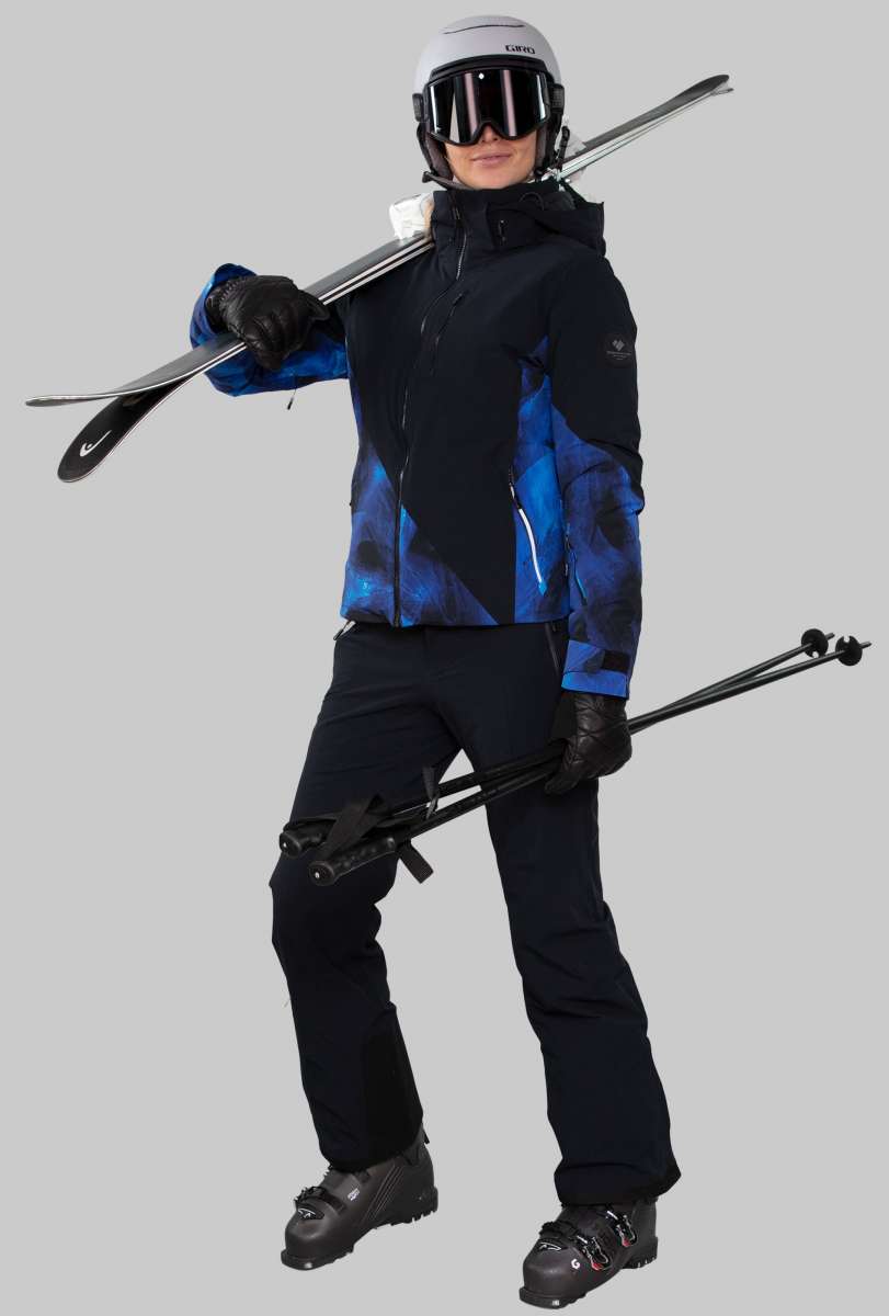 Obermeyer Women's Kayla Insulated Jacket 2022-2023 - A black jacket with a blue and grey patterned design on the front, back, and sleeves.