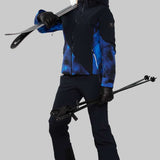 Obermeyer Women's Kayla Insulated Jacket 2022-2023 - A black jacket with a blue and grey patterned design on the front, back, and sleeves.