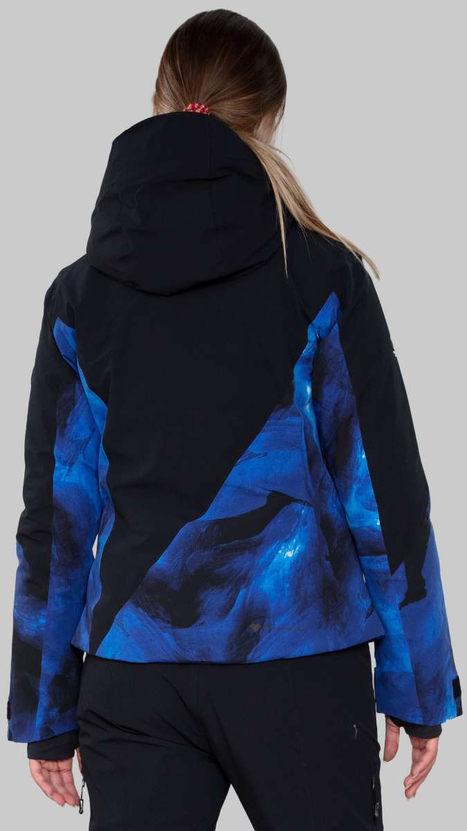 Obermeyer Women's Kayla Insulated Jacket 2022-2023 - A black jacket with a blue and black abstract pattern on the back, featuring a hood.