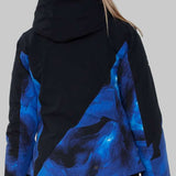 Obermeyer Women's Kayla Insulated Jacket 2022-2023 - A black jacket with a blue and black abstract pattern on the back, featuring a hood.