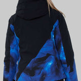 Obermeyer Women's Kayla Insulated Jacket Petite 2022-2023 - A black jacket with a blue and black abstract pattern on the back, worn by a model facing away from the camera.