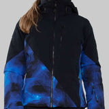 Obermeyer Women's Kayla Insulated Jacket Petite 2022-2023 - A black and blue abstract patterned jacket with a high collar, worn by a model with long brown hair in a ponytail.