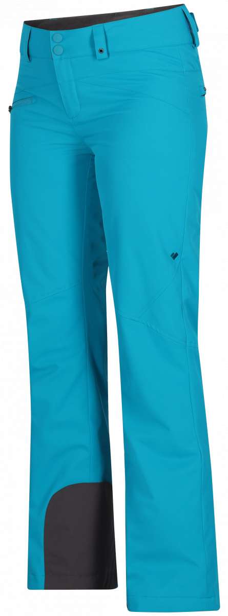 Obermeyer Women's Malta Insulated Pant 2024 - A pair of bright blue snow pants with a black waistband and two zippered pockets on either side.