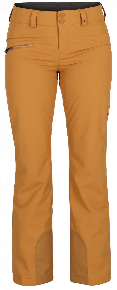 Obermeyer Women's Malta Insulated Pant 2024 - Tan snow pants with zippered pockets and belt loops.