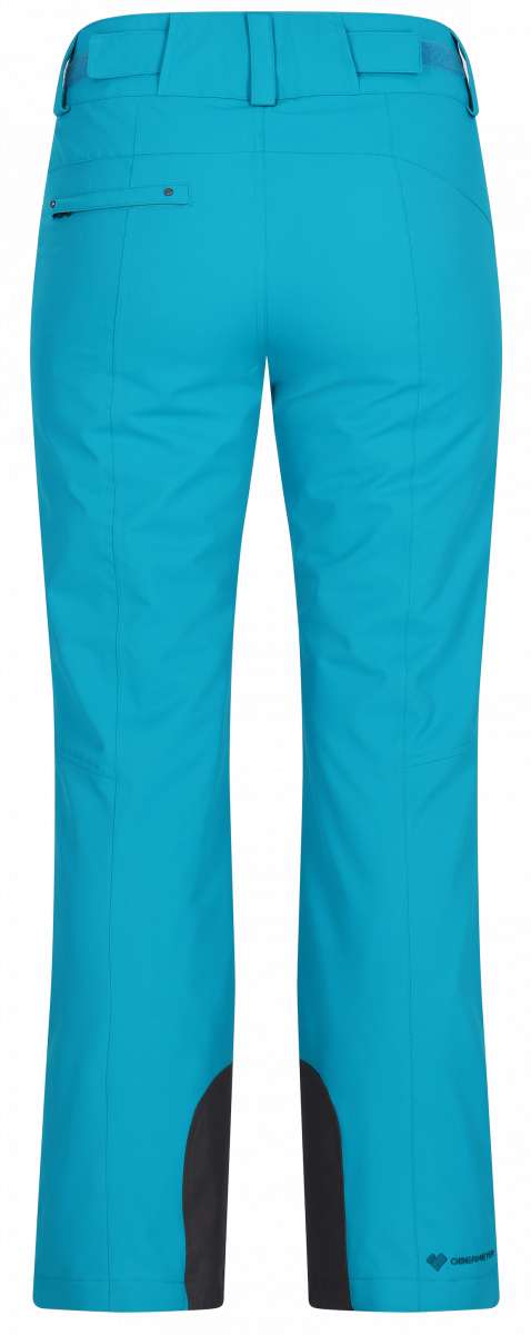 Obermeyer Women's Malta Insulated Pant 2024 - A pair of bright blue snow pants with a black logo on the left leg and a small pocket on the right hip.