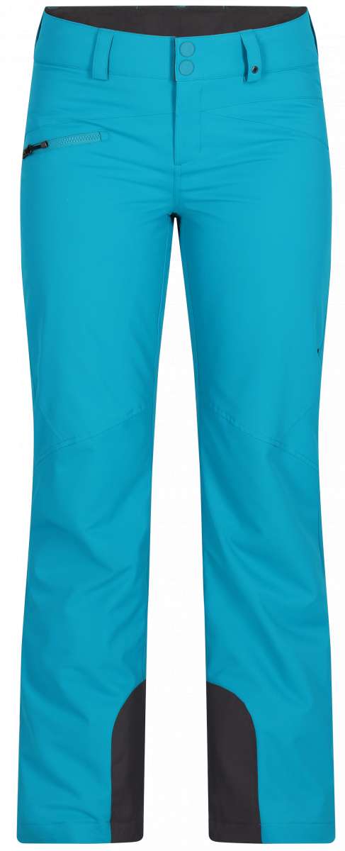 Obermeyer Women's Malta Insulated Pant 2024 - A pair of bright blue snow pants with a zippered pocket on the right thigh and two belt loops at the waist.
