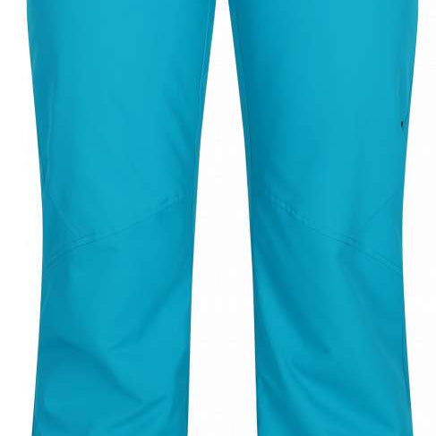 Obermeyer Women's Malta Insulated Pant 2024 - A pair of bright blue snow pants with a zippered pocket on the right thigh and two belt loops at the waist.