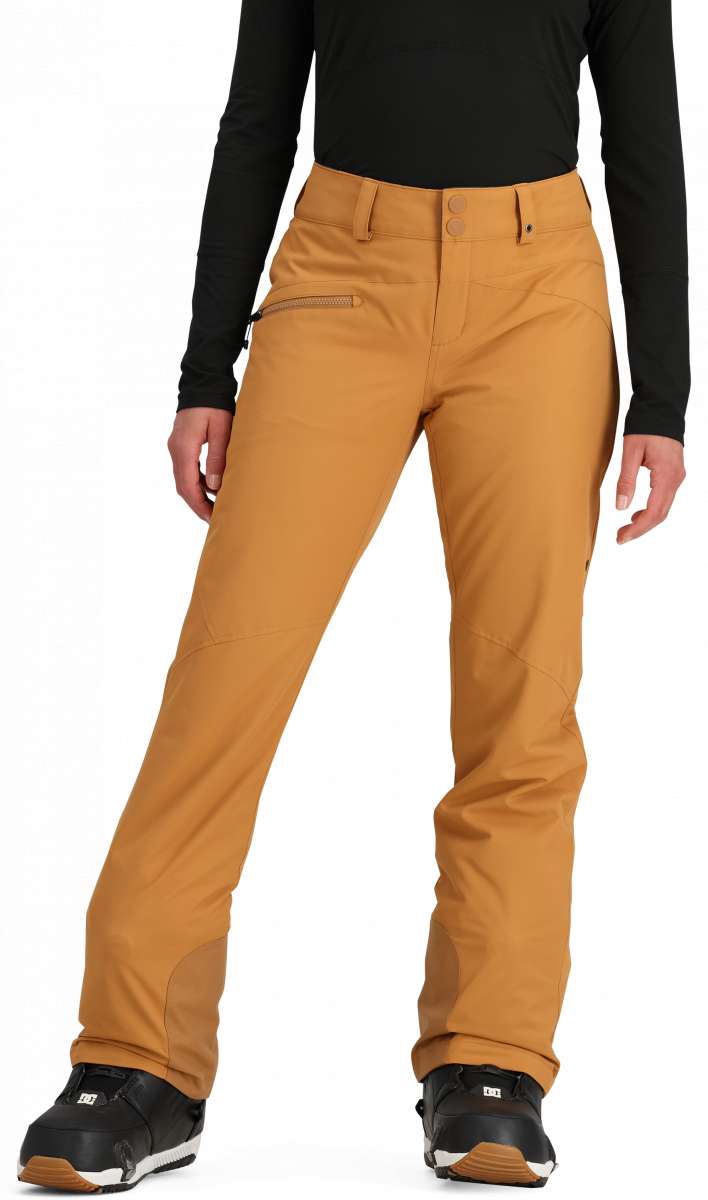 Obermeyer Women's Malta Insulated Pant 2024 - Tan snow pants with zippered pockets and belt loops.