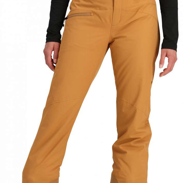 Obermeyer Women's Malta Insulated Pant 2024 - Tan snow pants with zippered pockets and belt loops.